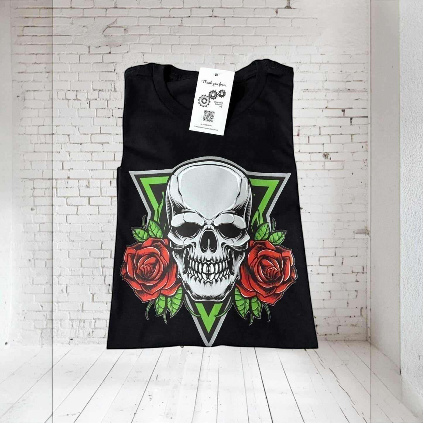 Black tee with skull and roses hand pressed UK