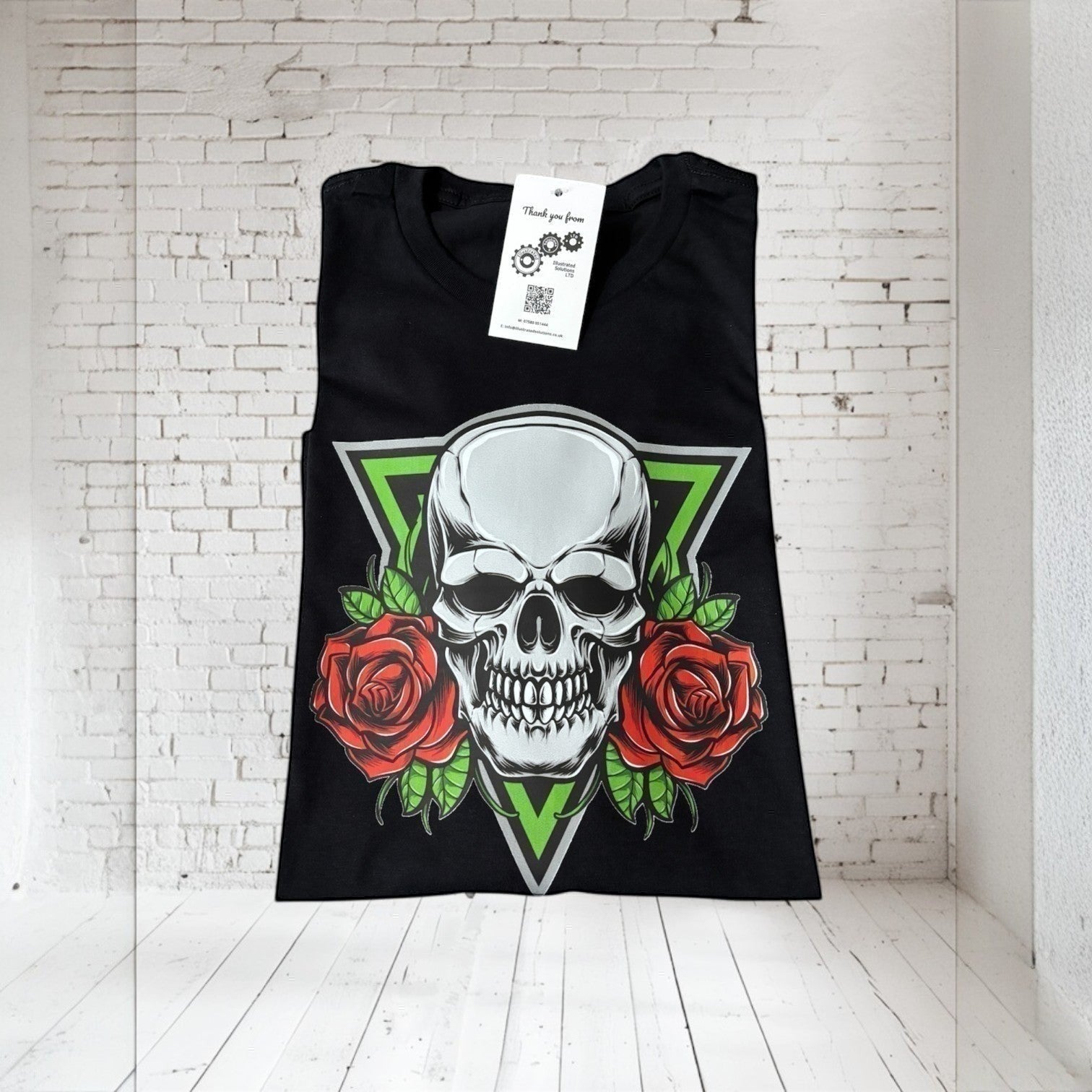 Black tee with skull and roses hand pressed UK