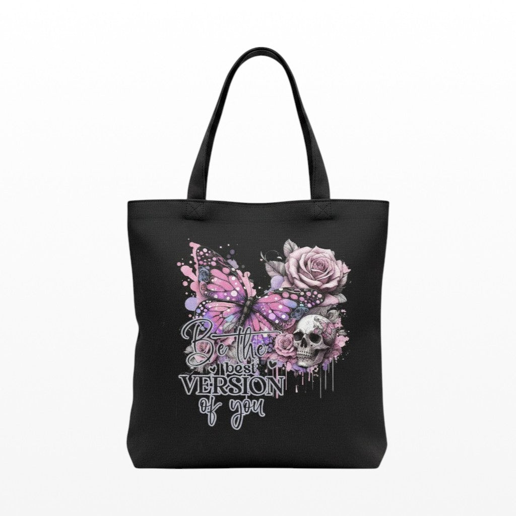 Black tote bag with butterfly and rose design on a white background