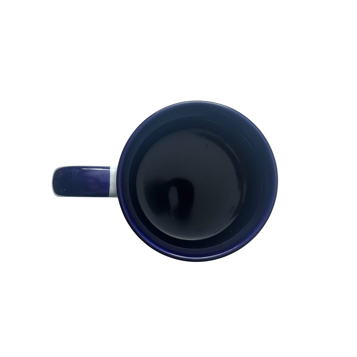 A top-down view of a dark blue ceramic mug with a matching dark blue inner and handle, isolated on a solid white background.