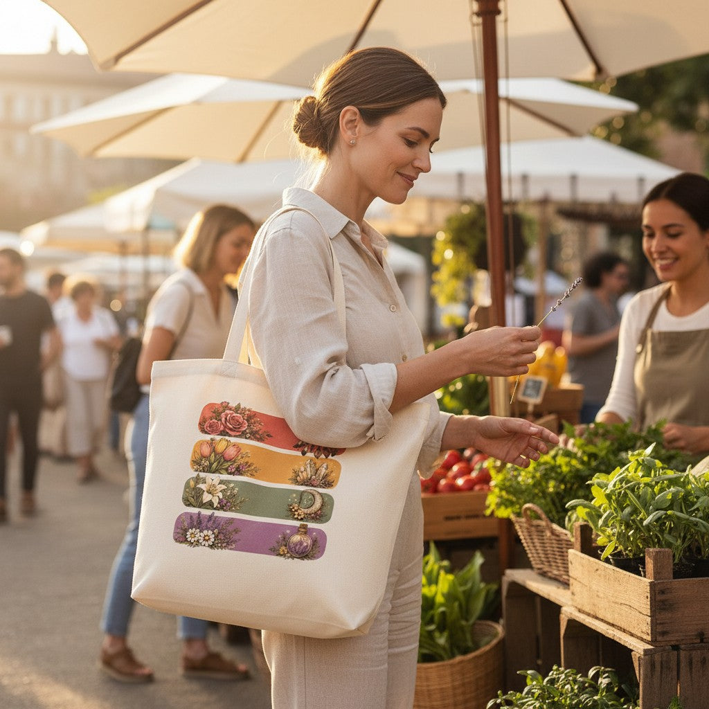 Woman shopping at an outdoor market with a tote bag featuring colorful designs.