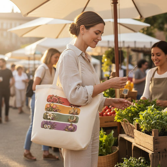 Woman shopping at an outdoor market with a tote bag featuring colorful designs.