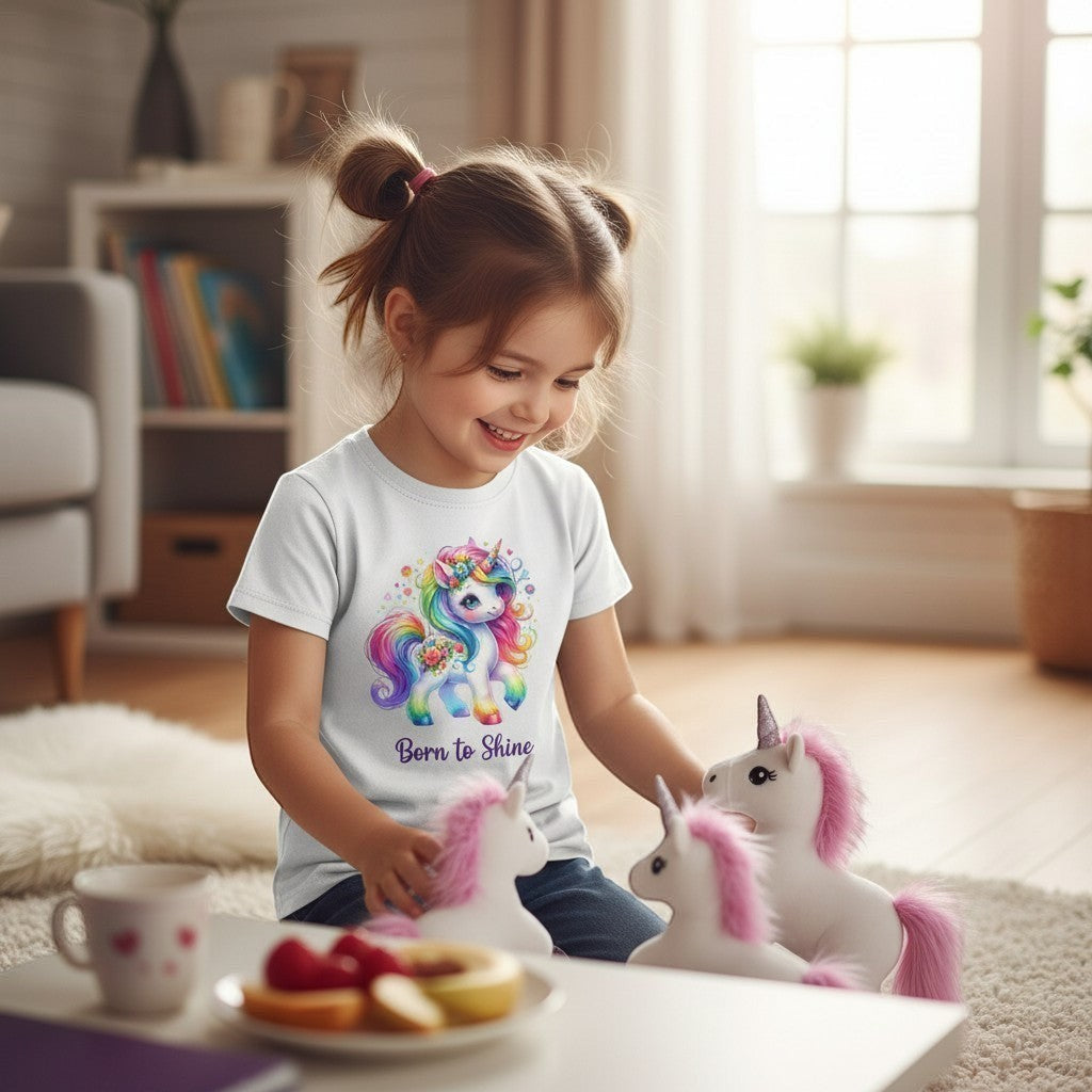 Child wearing a shirt with a unicorn design, sitting at a table with a toy unicorn and snacks.