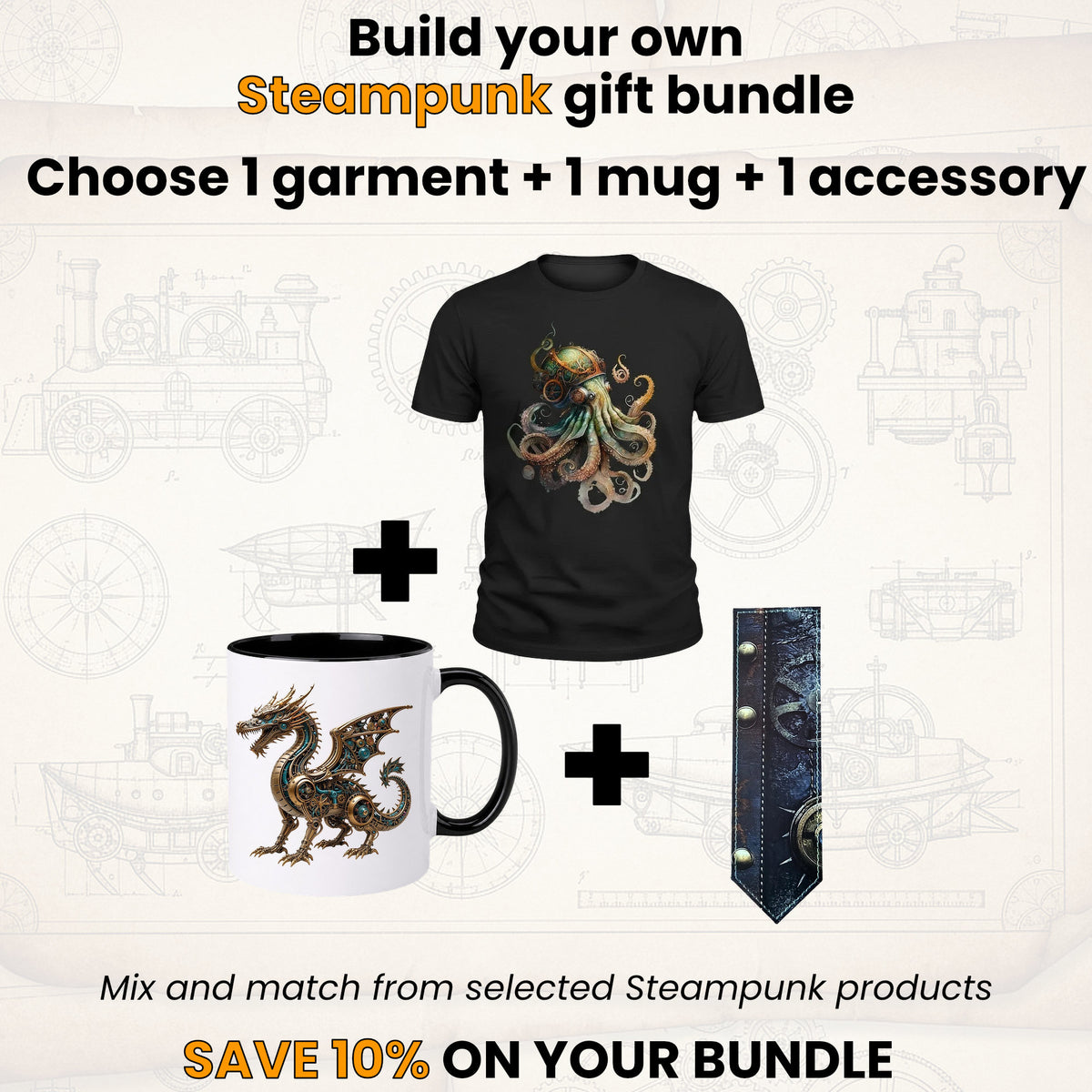 Promotional graphic for a steampunk gift bundle, showing a black graphic T-shirt with an octopus design, a white mug with a dragon illustration, and a dark patterned bookmark, with text inviting users to build their own bundle and save 10%.