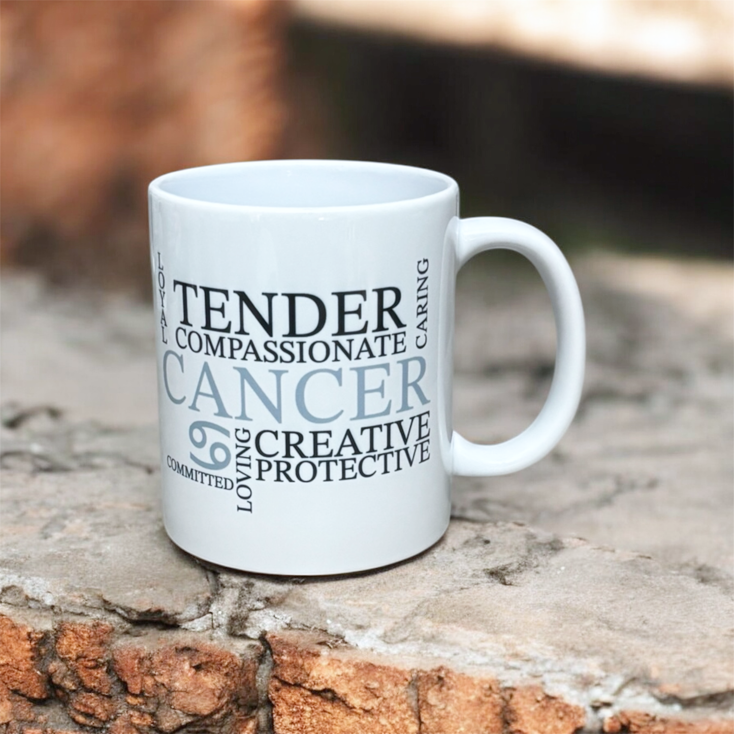 Cancer zodiac mug with illustrated star sign design, printed by hand in the UK