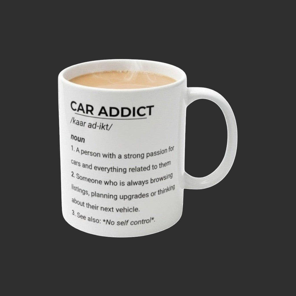 Mug with 'Car Addict' definition text on a white background