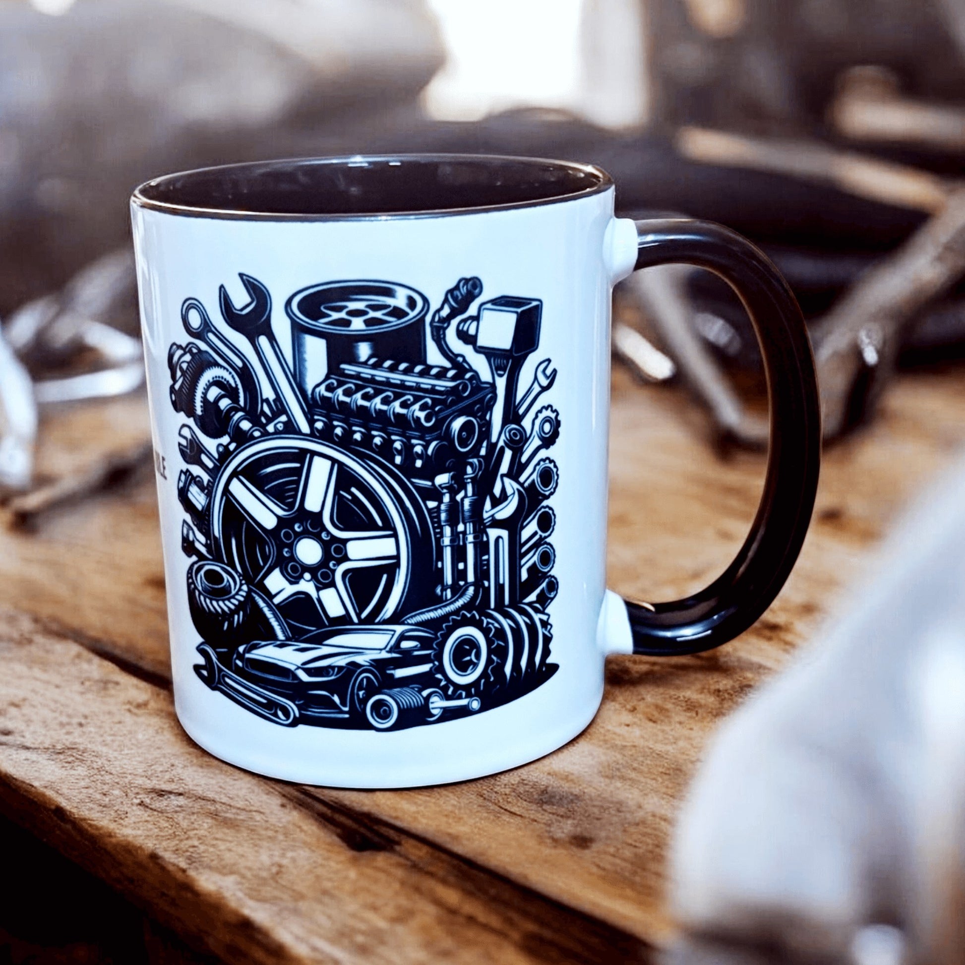 two tone black and white ceramic mug showing black writing and car engine