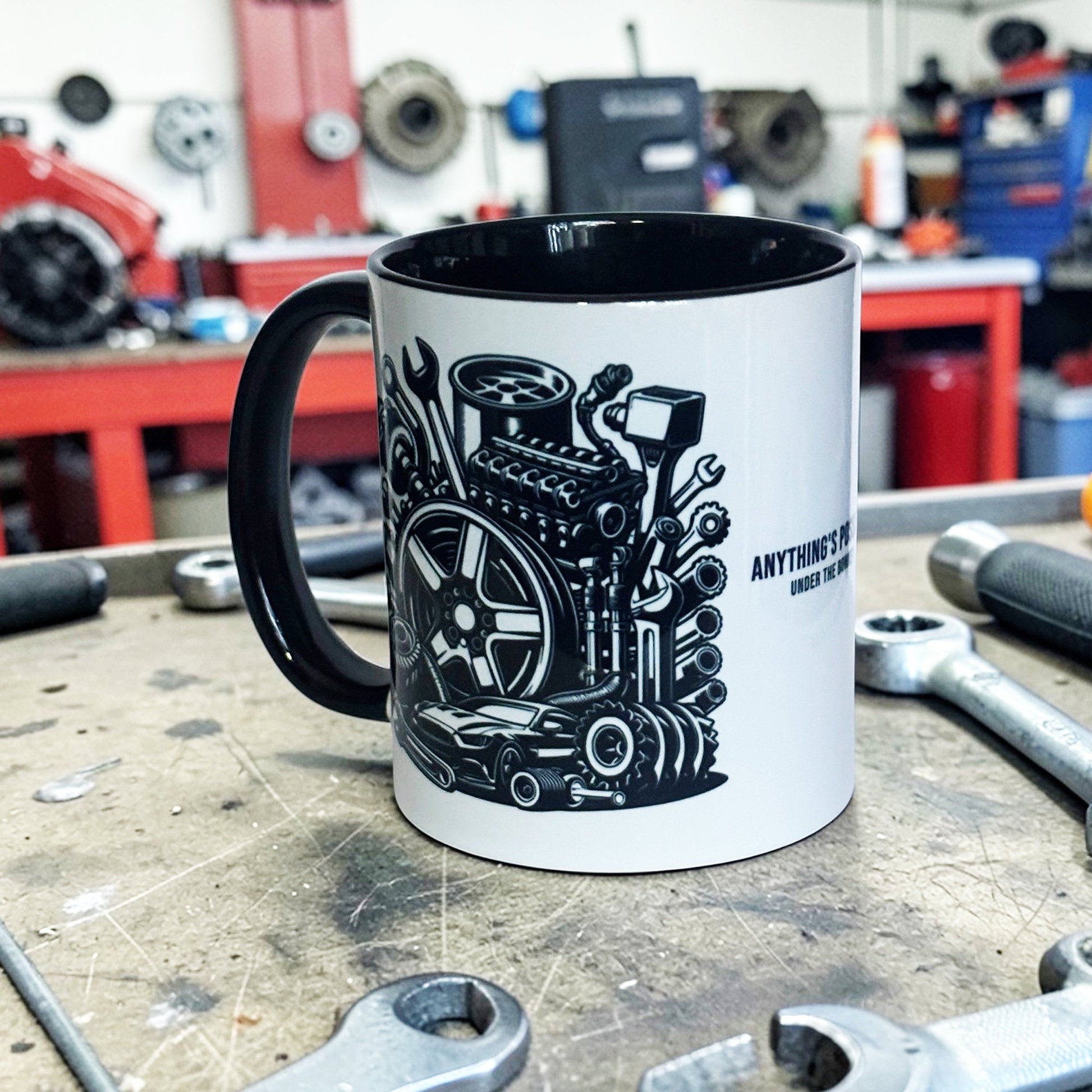Black 2 tone mug in workshop
