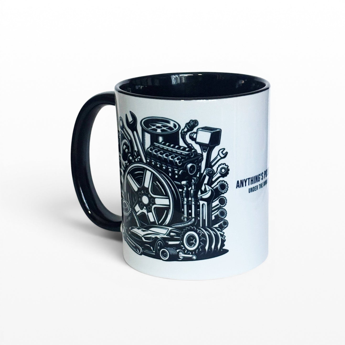 Side view of black 2 tone mug showing engine and part text