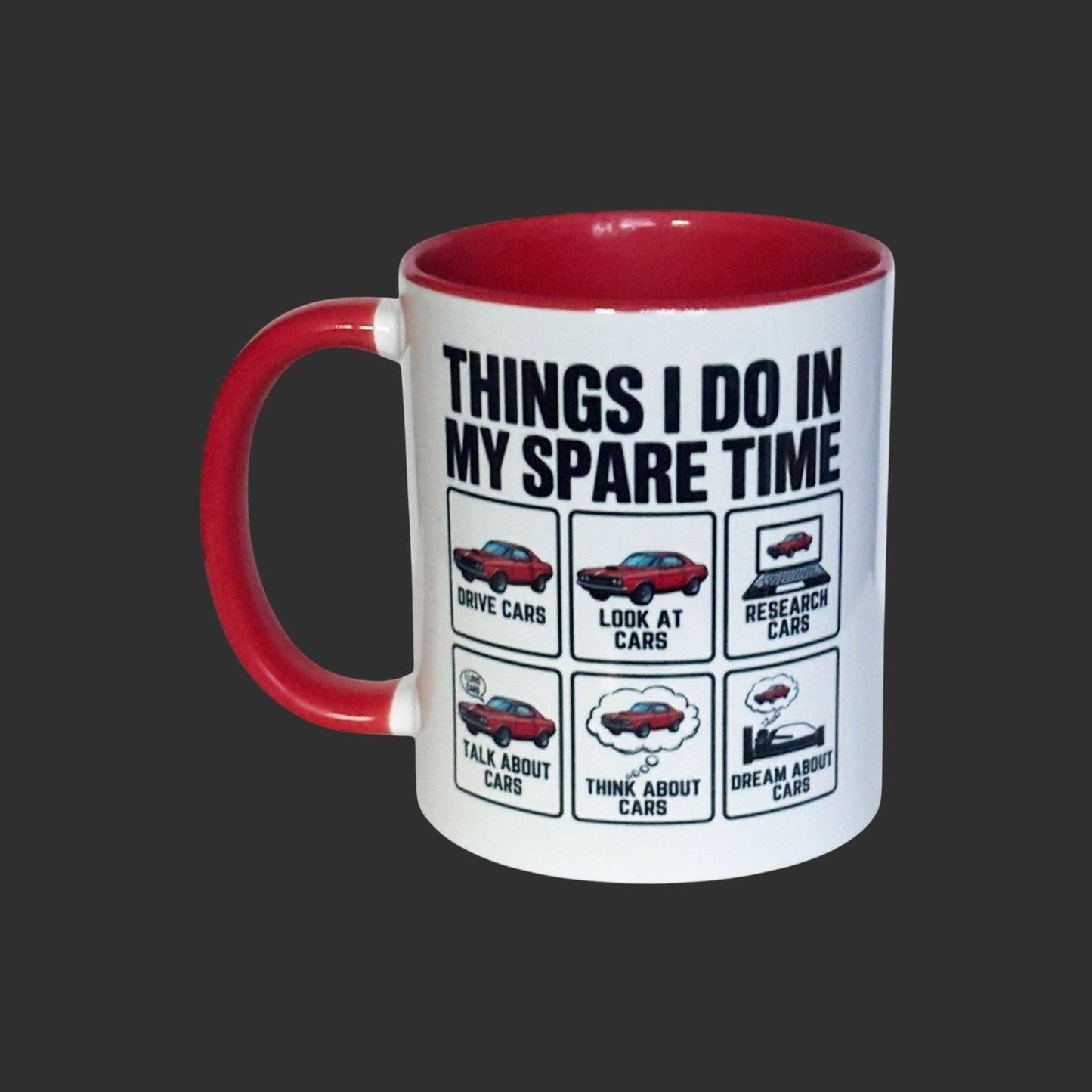 2 Tone red Mug with car-themed design and text on a dark background