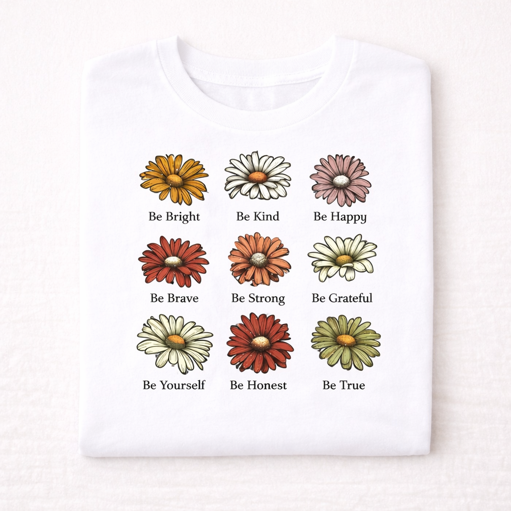 folded hand printed in UK floral design on a white tee with 9 daisies