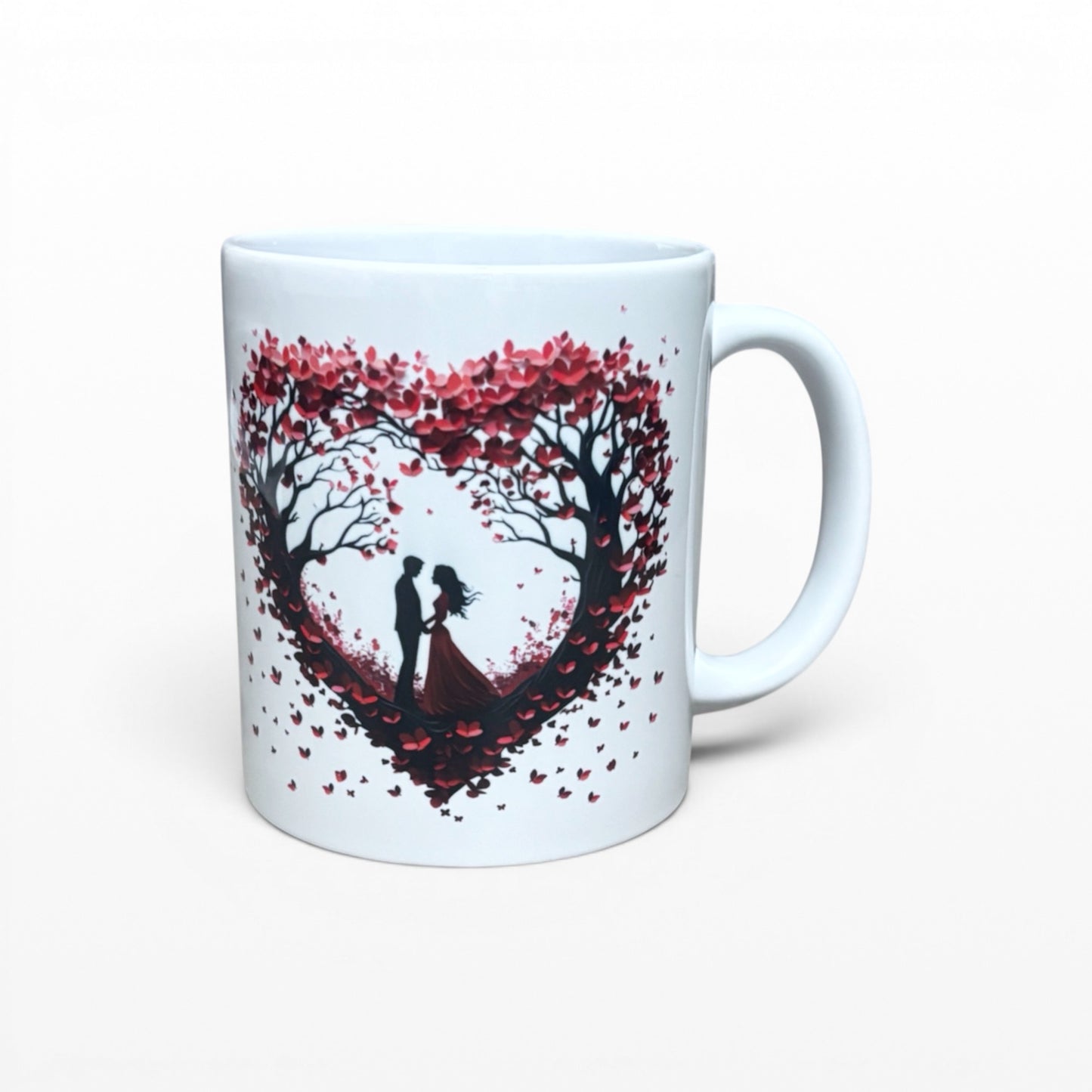 white mug couple inside heart of trees hand printed UK