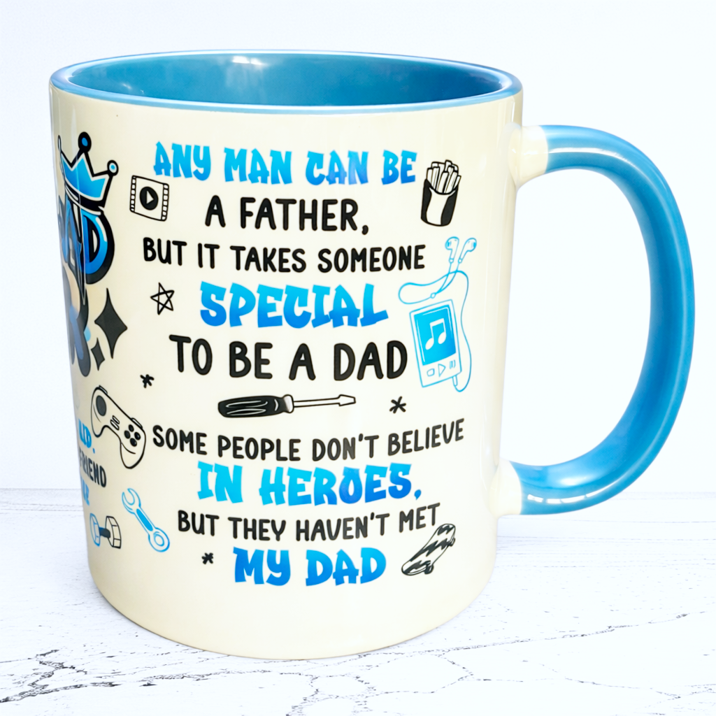 Light blue inner and handle mug with motivational quote about being a father hand printed UK
