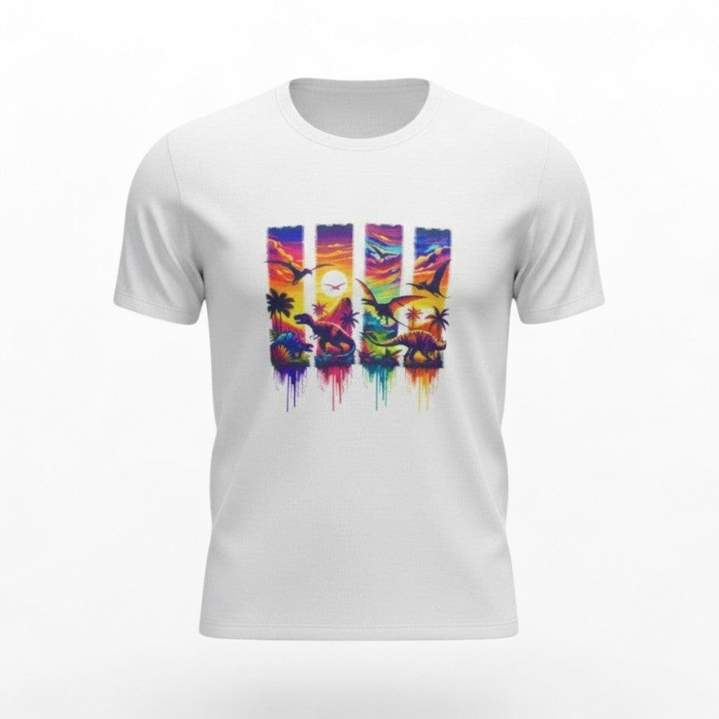 White t-shirt with colorful graphic design on a white background