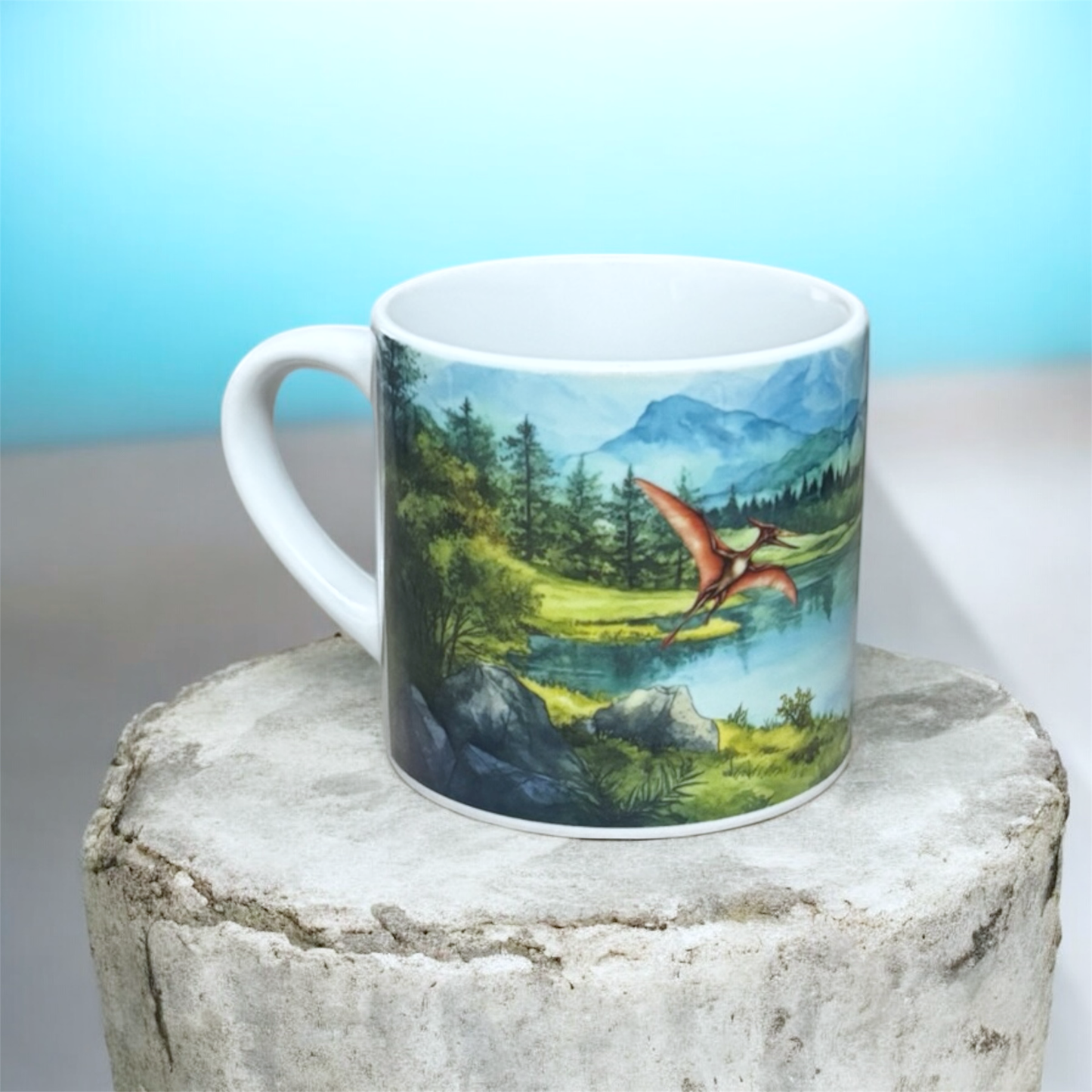 6 oz ceramic Dino image mug front view hand printed UK