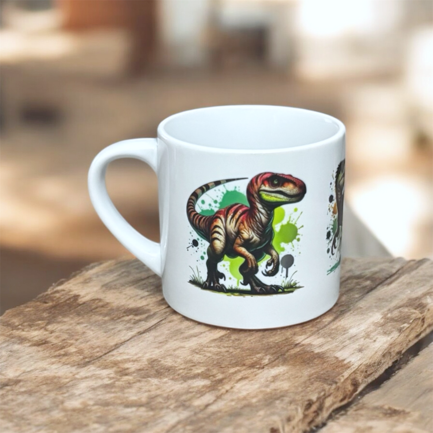 white 6 oz ceramic mug with Dino rapter design hand printed UK