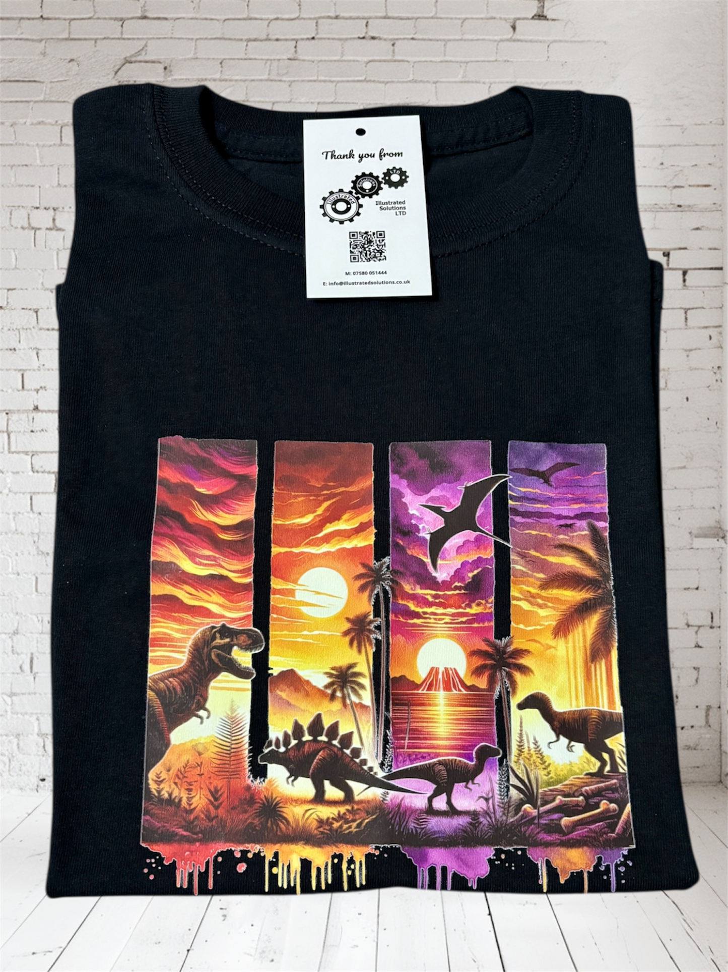 Kids dinosaur t-shirt front view with fun prehistoric design hand printed UK