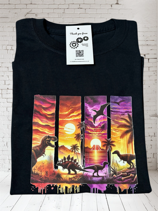 Kids dinosaur t-shirt front view with fun prehistoric design hand printed UK