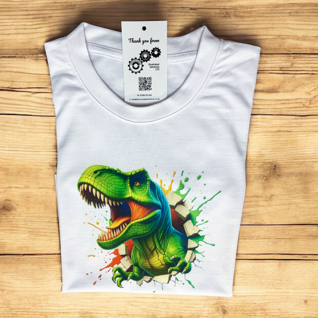 T-Rex on a kids white t-shirt hand printed UK