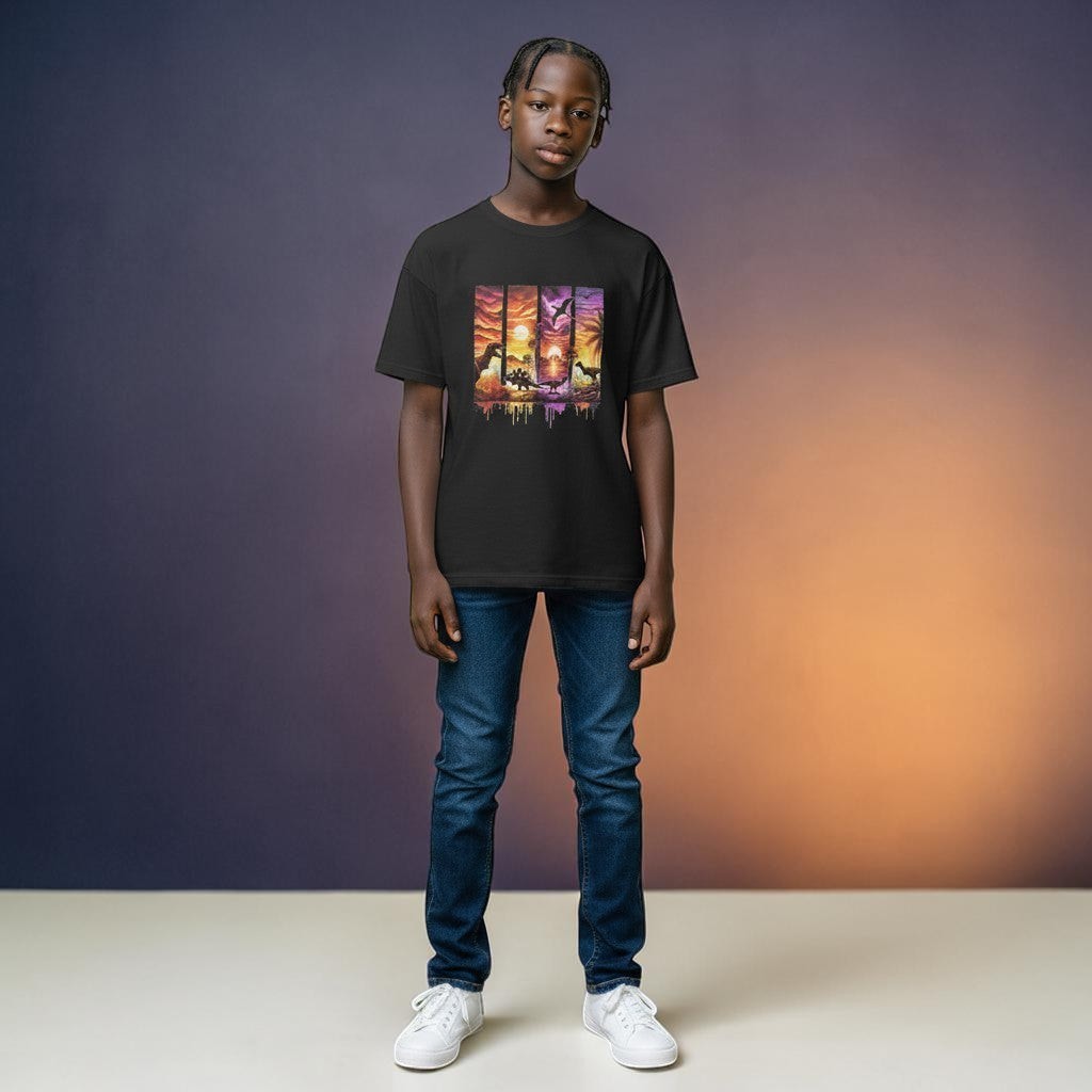 Person wearing a black t-shirt with a colourful graphic design