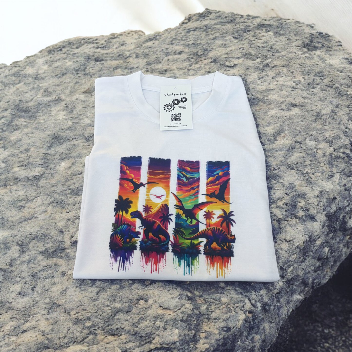colourful dino printed white t-shirt hand printed UK