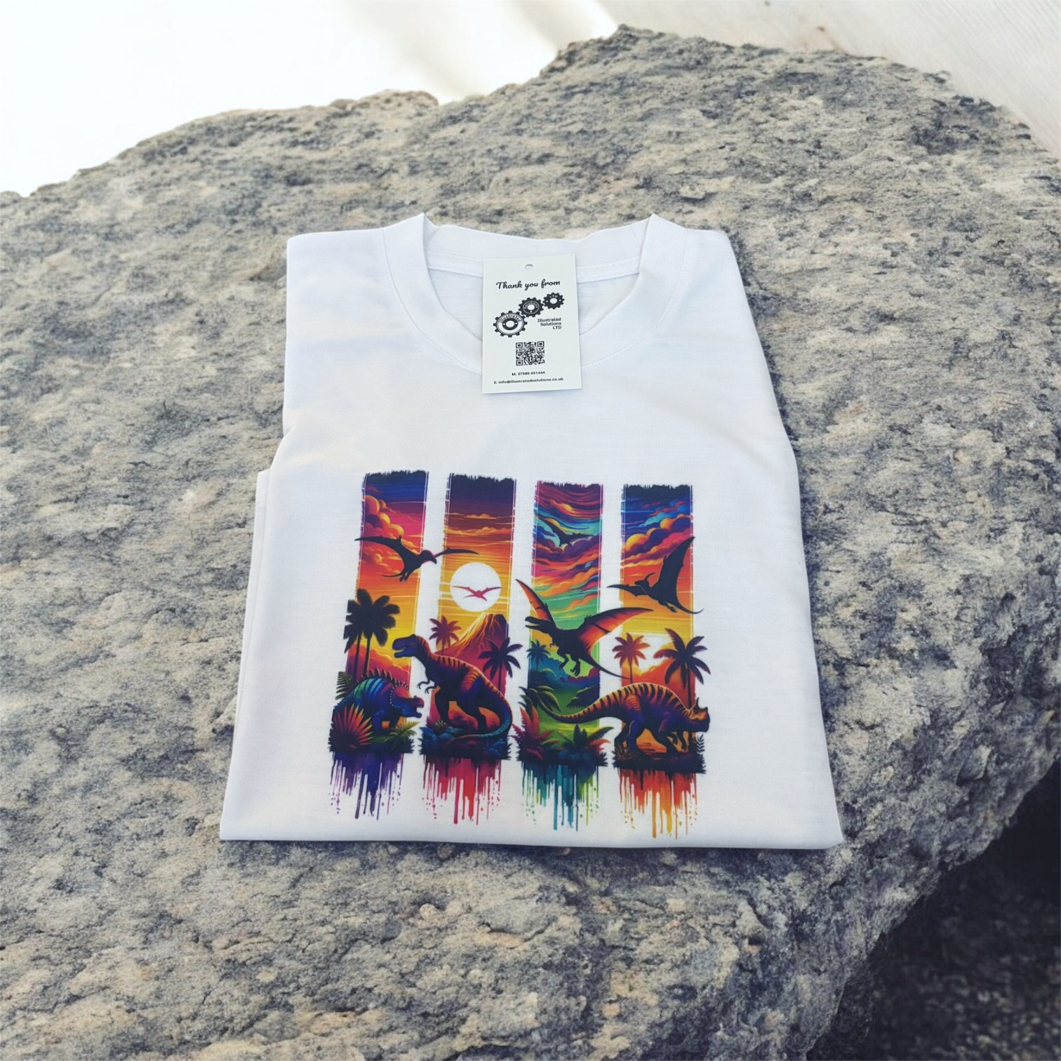 colourful dino printed white t-shirt hand printed UK