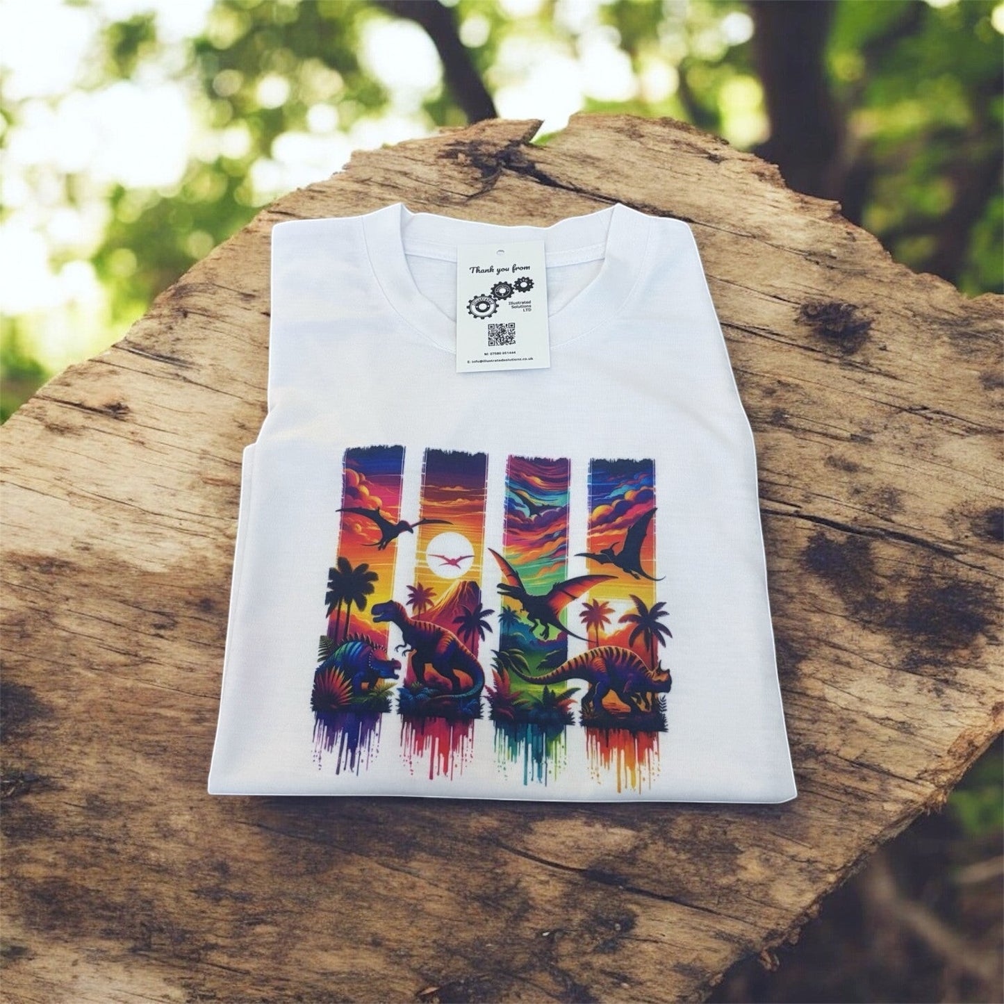 white dino t-shirt 4 panels, hand printed UK on a wooden structure