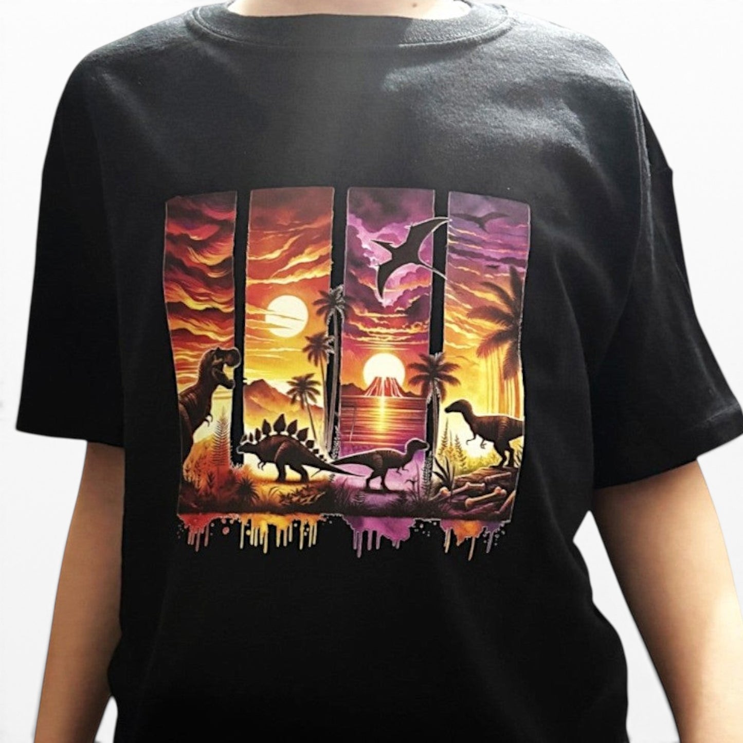 image of dinosaurs on black t shirt worn by model hand printed UK