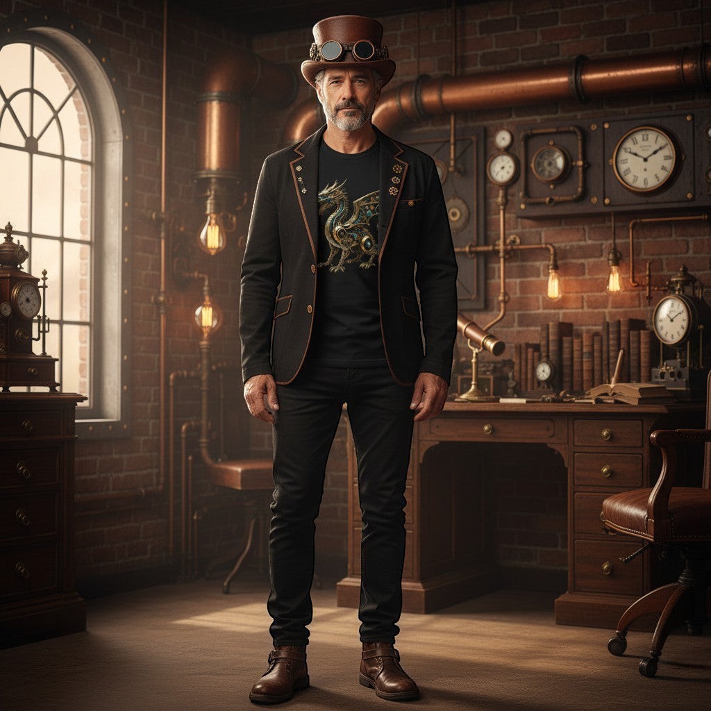 Man in a steampunk outfit standing in a room with industrial decor.