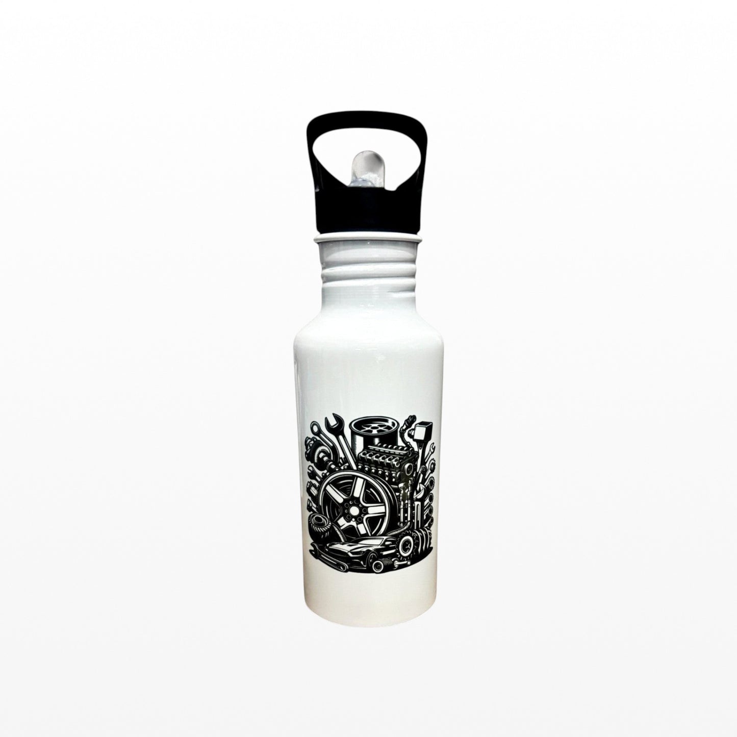 car enthusiast water bottle showing engine gift
