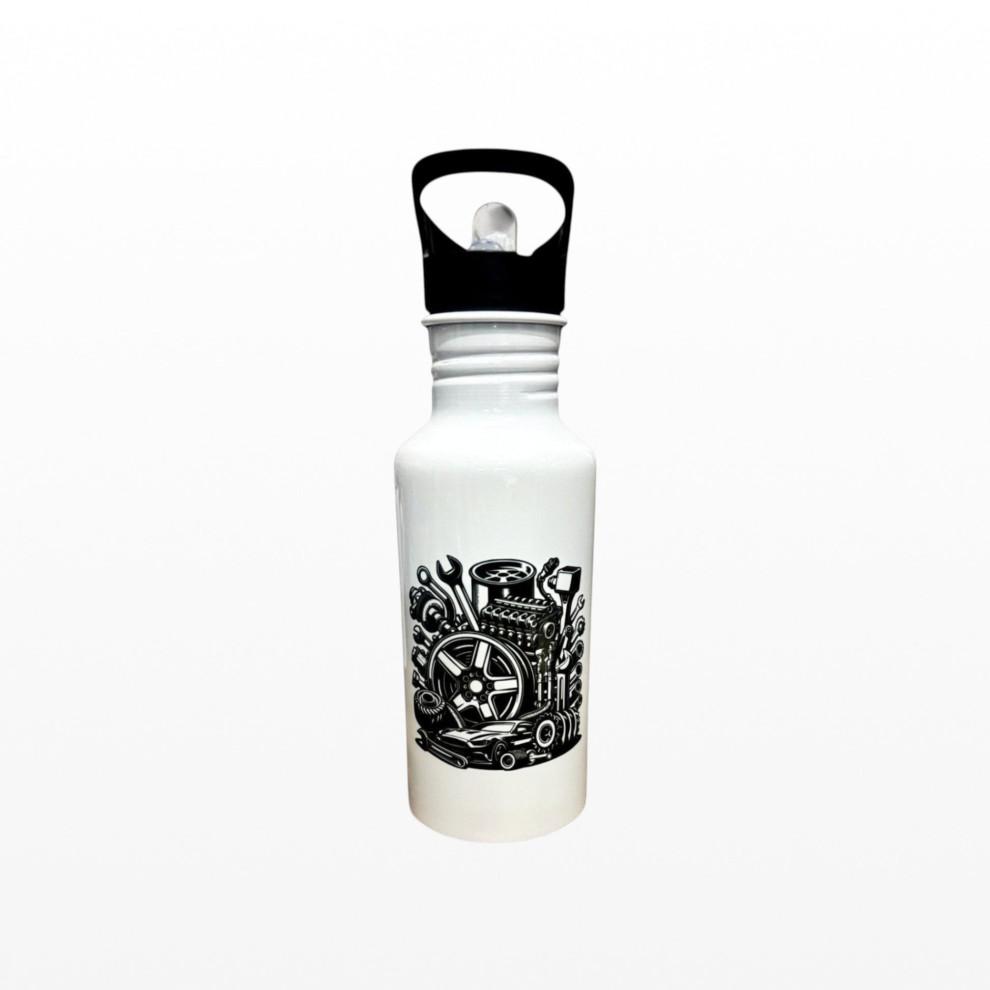 car enthusiast water bottle showing engine gift
