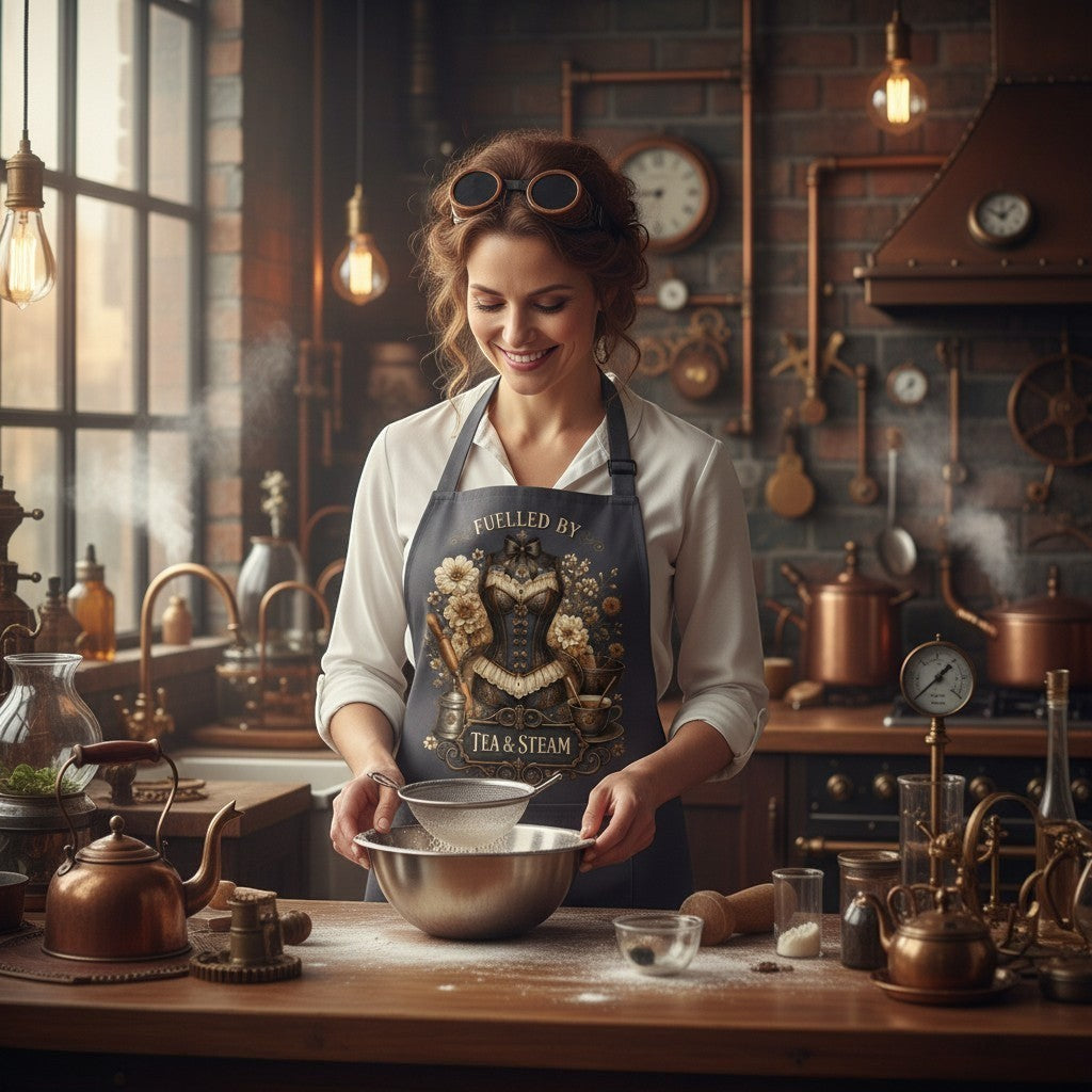 Woman in a kitchen wearing a 'Fuelled by Tea & Steam' apron, surrounded by vintage kitchenware.