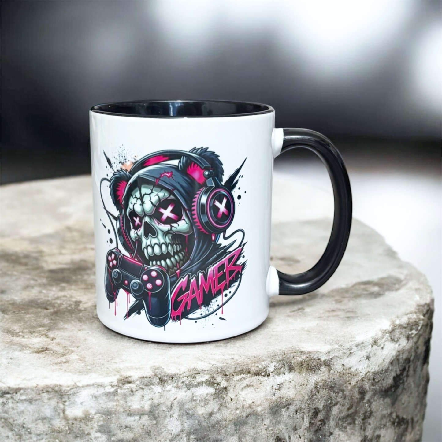 hand printed in the UK black 2 tone mug with a skull design and 'Gamer image on