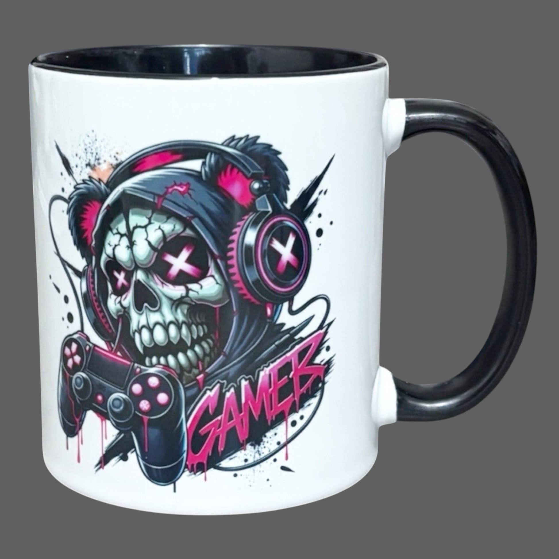 hand printed in the UK black 2 tone mug with a skull design and 'Gamer image on