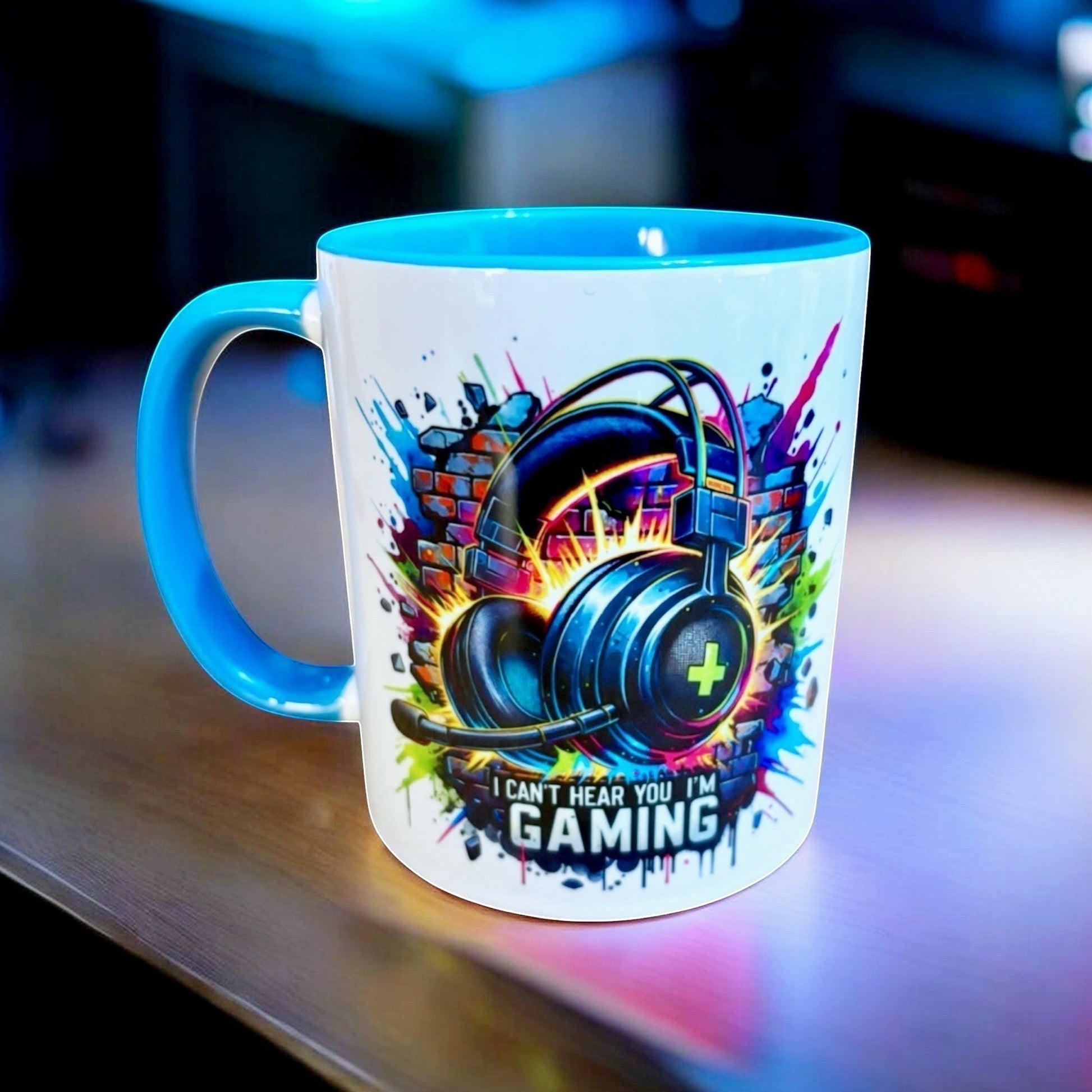 Light Blue Mug with gaming-themed design and light blue handle hand printed in the UK