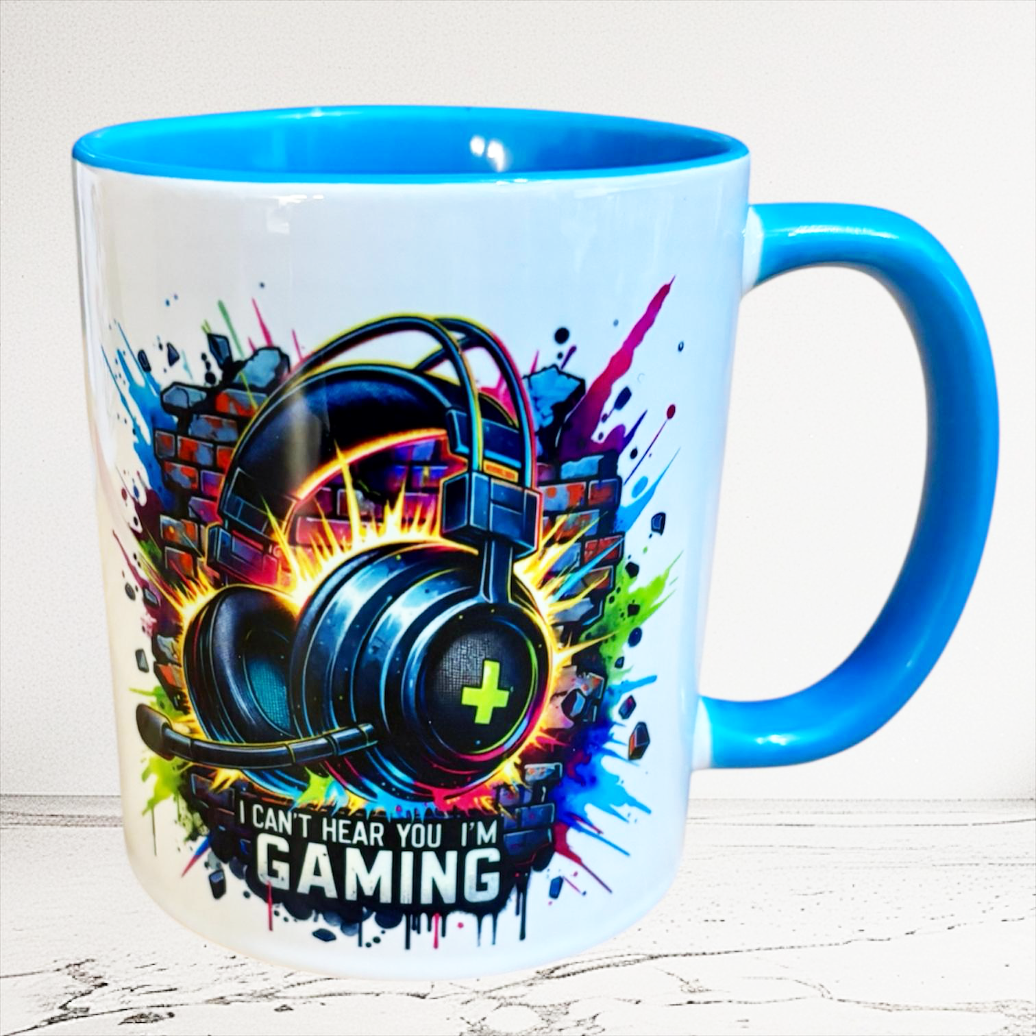 hand printed in the UK light blue 2 tone durham mug with headset gaming image 