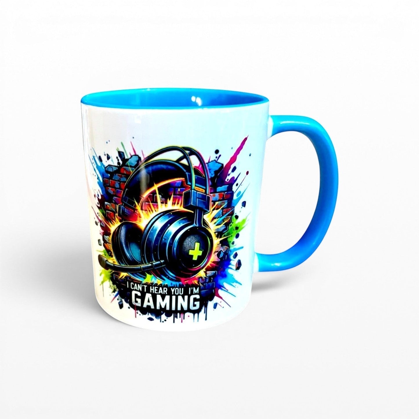 hand printed in the UK light blue 2 tone durham mug with headset gaming image
