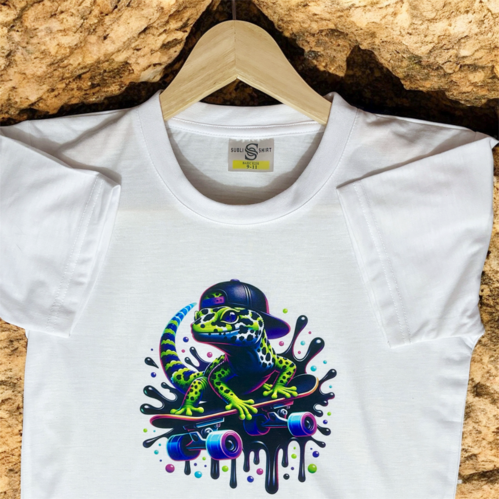 Gecko on a kids white t-shirt hand printed UK
