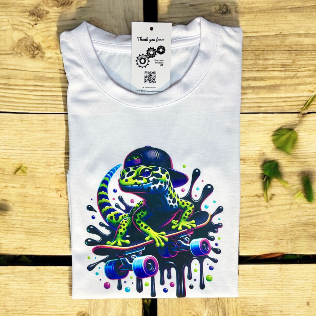 hand printed UK cool Gecko on a kids white t-shirt