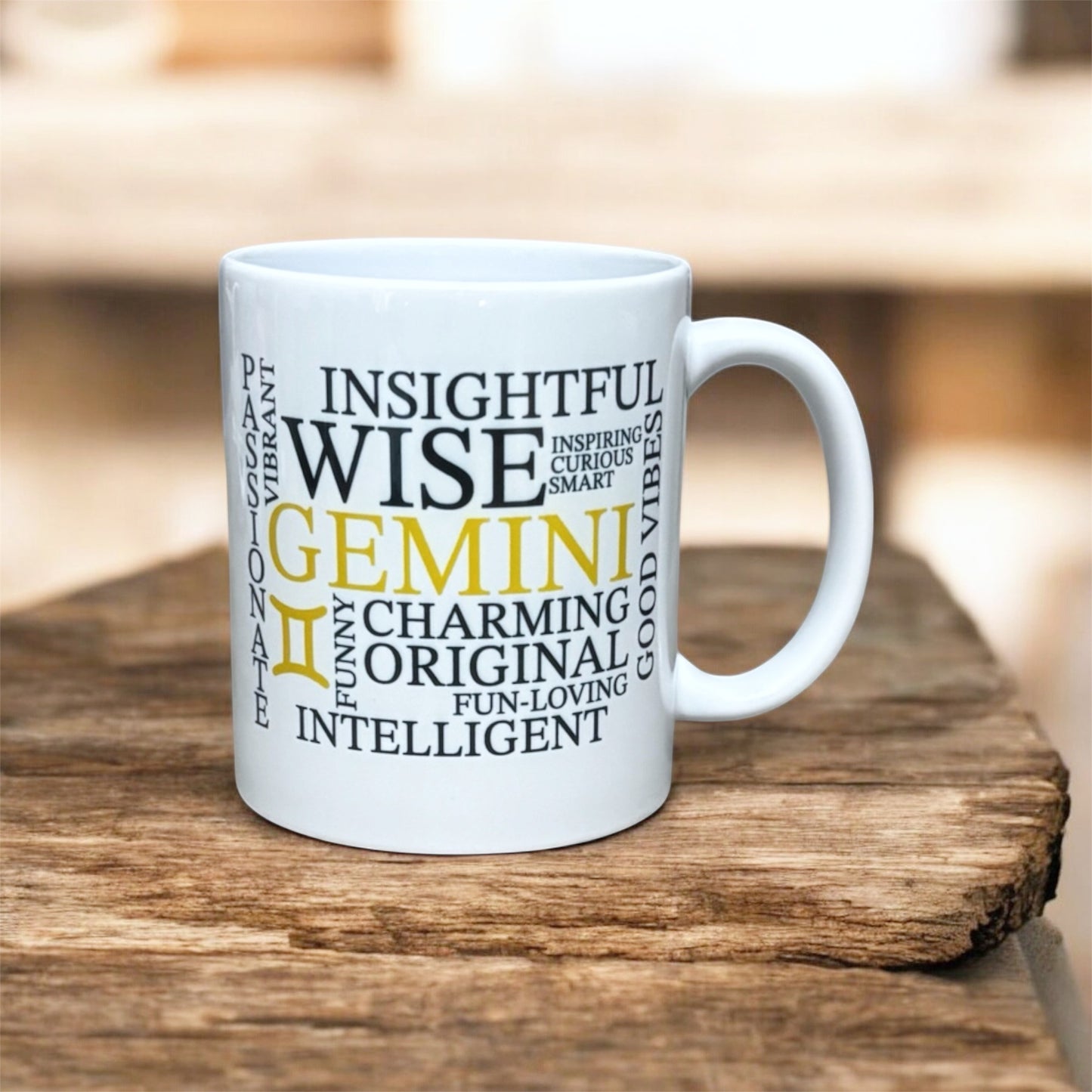 Hand printed in the UK Gemini zodiac mug with illustrated star sign design