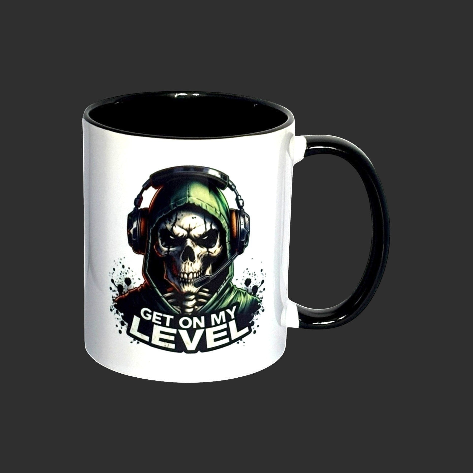 2 Tone Black Mug with skull design and text 'Get on my level' on a grey background