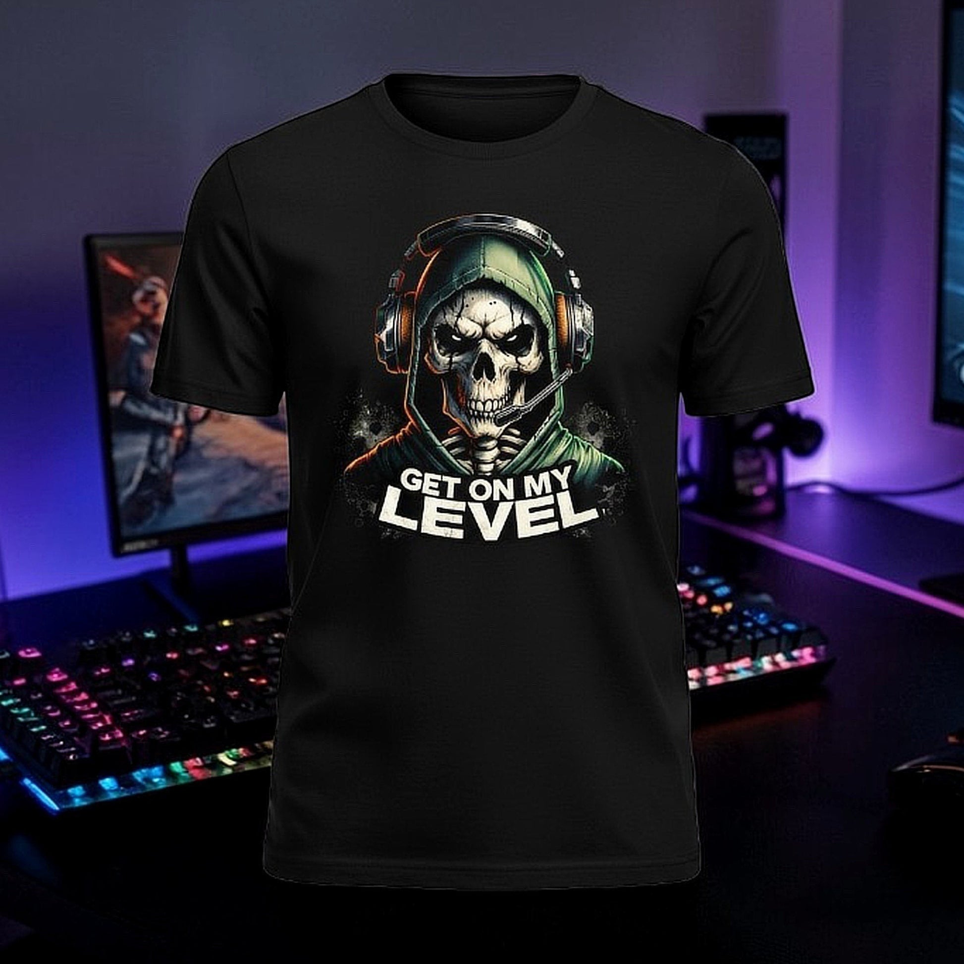 Black gaming t-shirt with green skull and headset with gaming background