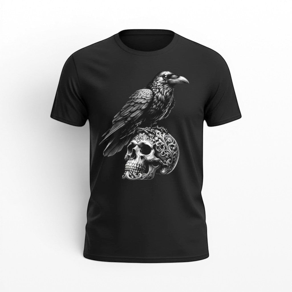 Black t-shirt with a Gothic graphic of a raven on a skull design