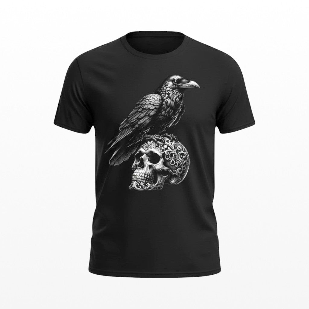 Black t-shirt with a Gothic graphic of a raven on a skull design