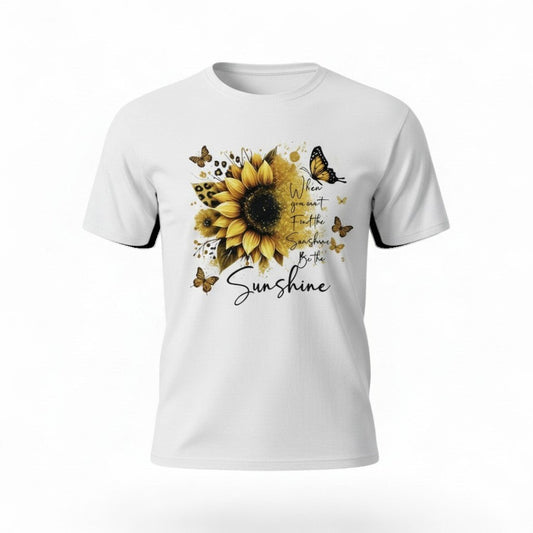 White t-shirt with sunflower design and text