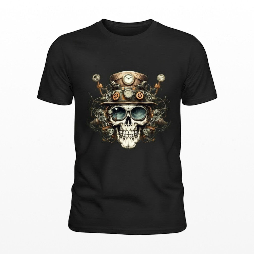 Black t-shirt with a steampunk skull design on a white background