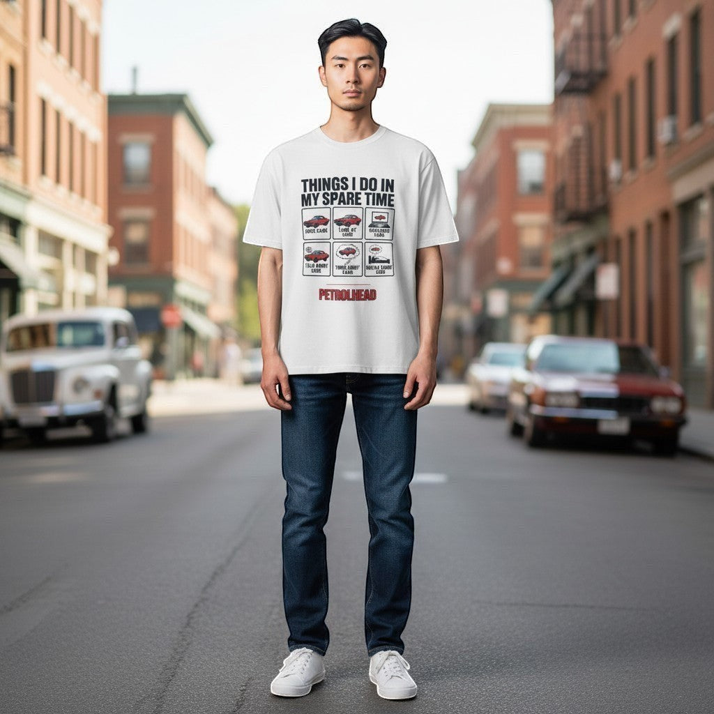 Person wearing a white t-shirt with text and graphics
