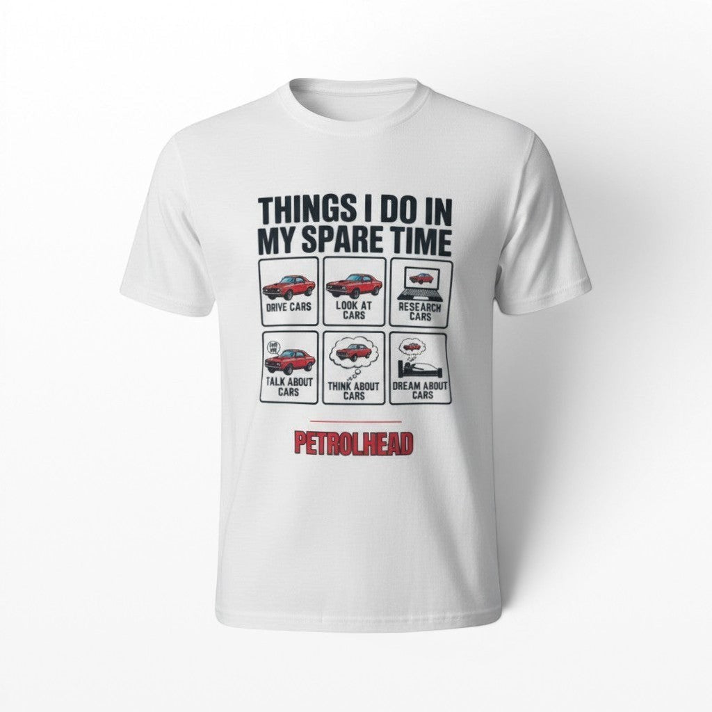 White t-shirt with car-themed graphic and text