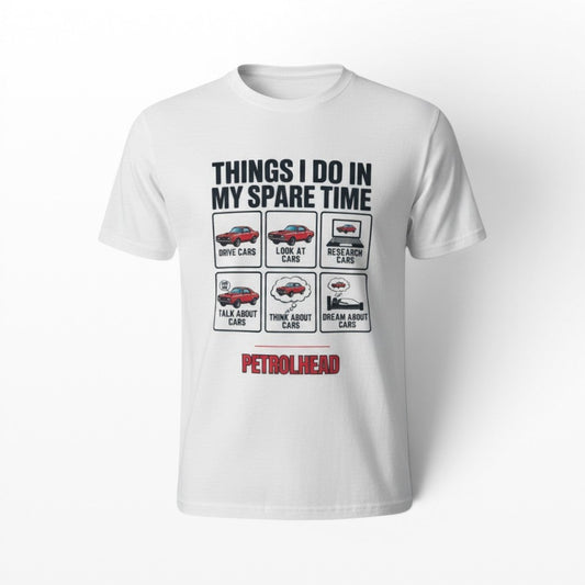 White t-shirt with car-themed graphic and text