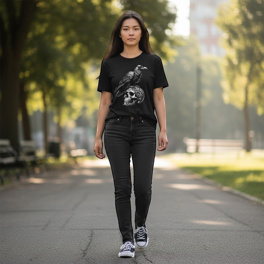 Woman walking in park wearing Raven Skull design on black t shirt